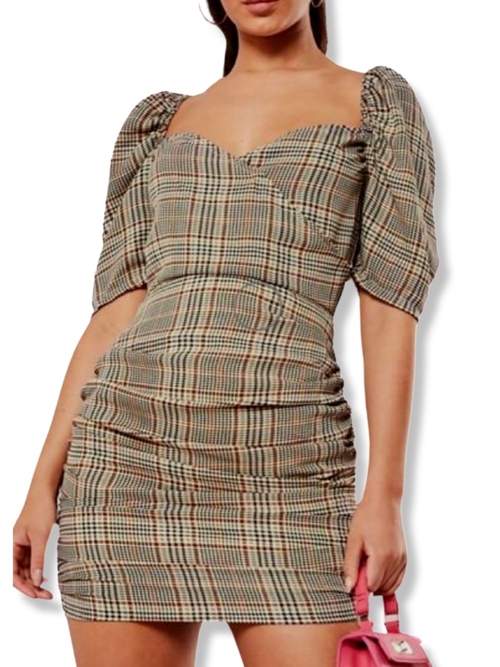 Misguided Plaid Puff-Sleeve Mini Skirt Dress in Brown NWOT size 8